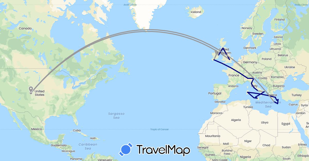 TravelMap itinerary: driving, plane in United Kingdom, Greece, Ireland, Italy, United States (Europe, North America)